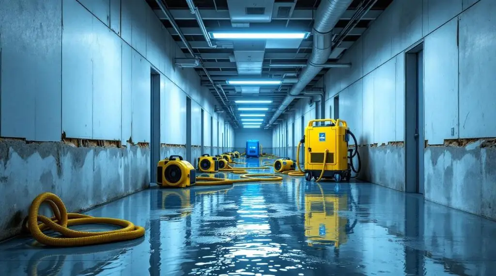 Restoration technicians deploying industrial drying equipment in a Bellevue commercial facility to prevent business downtime.