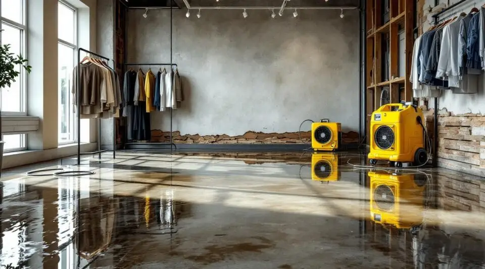 Professional restoration crew using industrial drying equipment in a flooded Bellevue retail space with urgent efficiency.