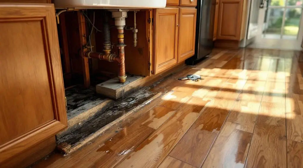 Restoration expert inspecting water damage under a kitchen sink in a Bellevue residence with professional detection tools.