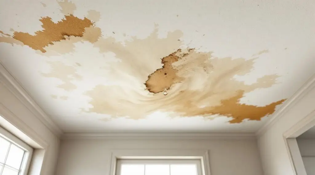 Professional restoration technician using a moisture meter on a water-stained ceiling in a Bellevue home to assess damage.