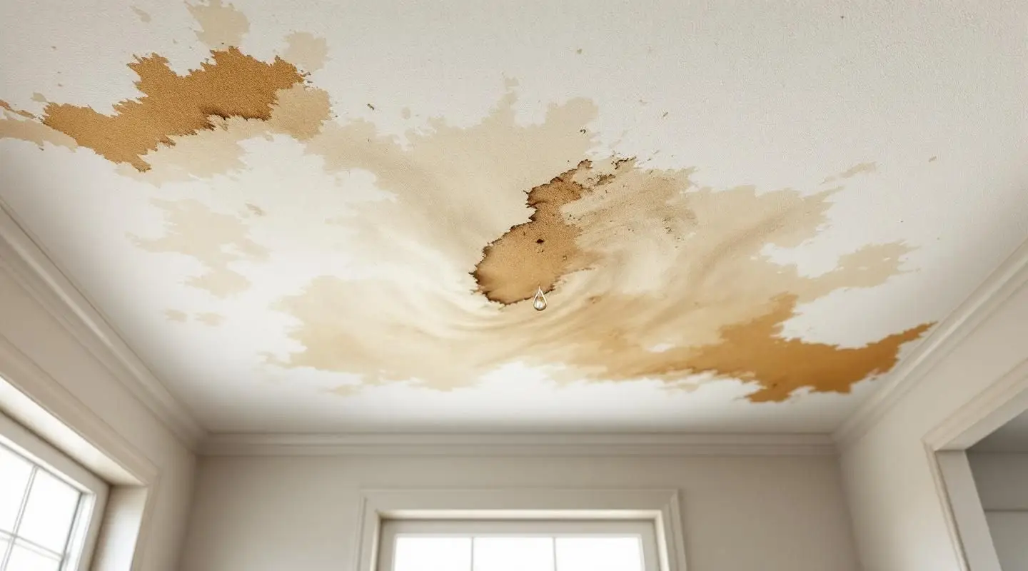 Professional restoration technician using a moisture meter on a water-stained ceiling in a Bellevue home to assess damage.