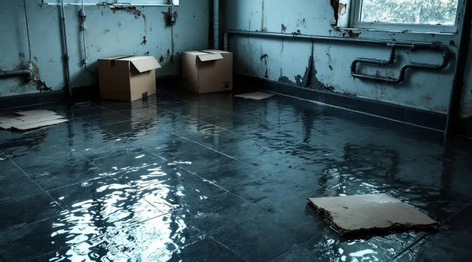 Professional restoration crew using industrial water extractors in a flooded Bellevue basement with cinematic lighting.