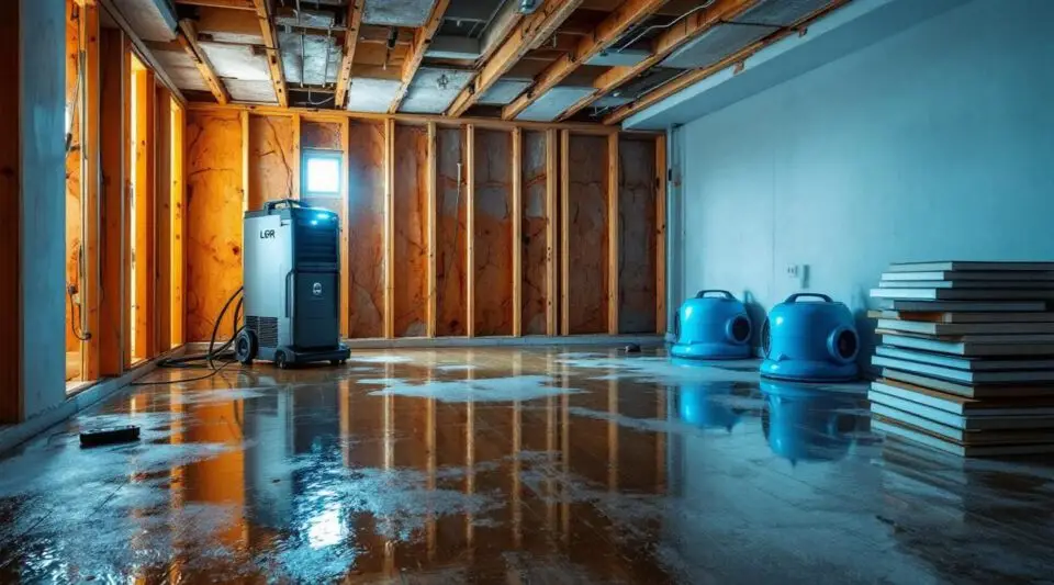 Professional restoration technician extracting water from a flooded Bellevue home using high-powered industrial equipment.