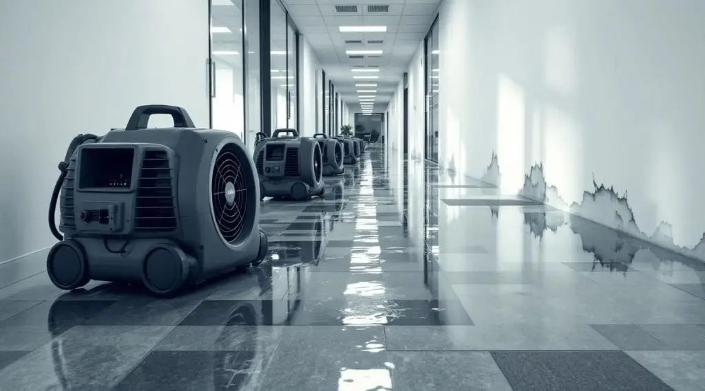 Industrial water extraction equipment and air movers positioned in a modern Bellevue office corridor during a flood repair.