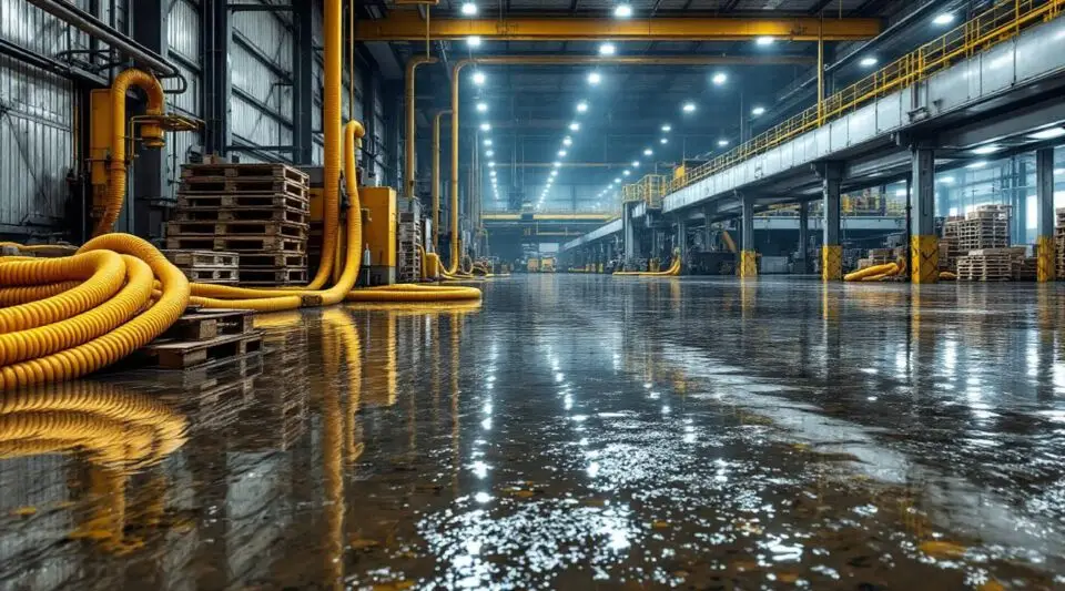 Industrial-grade water extraction units and air movers deployed in a large Bellevue commercial warehouse after a flood.