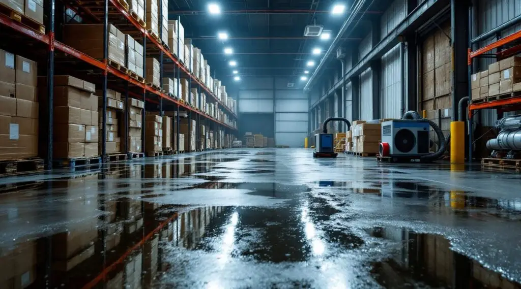 Industrial water extraction equipment and air movers on a flooded warehouse floor in Bellevue during emergency restoration.