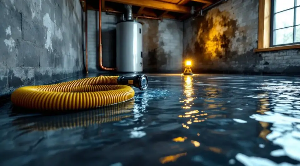 A professional technician using industrial water extraction equipment in a Bellevue home with warm, cinematic lighting.