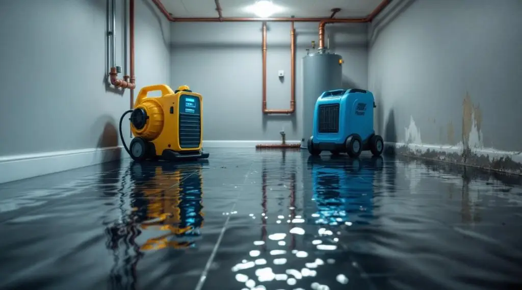 Professional restoration technician using industrial water extraction equipment in a Bellevue home with cinematic lighting.